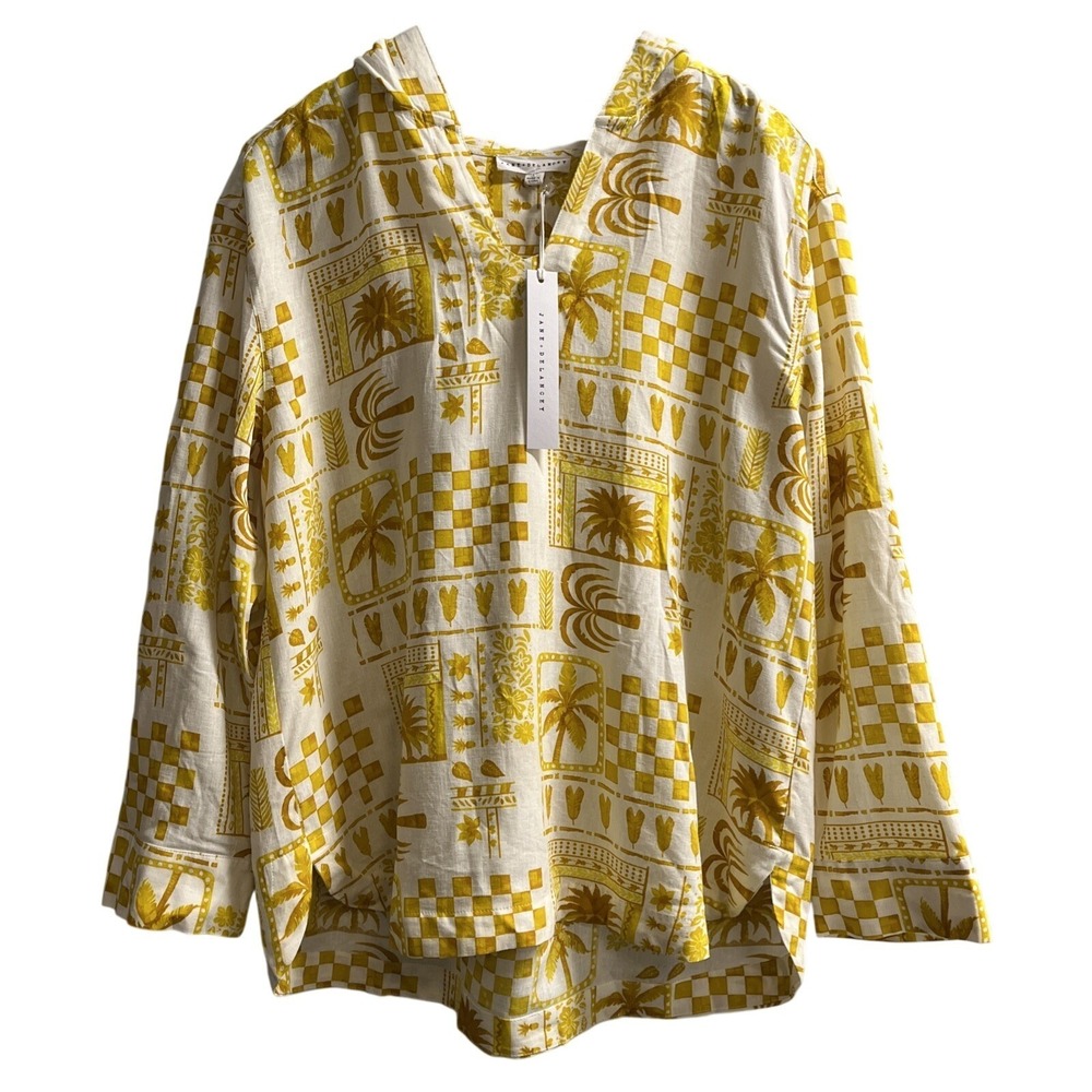 Jane & Delancey Top Yellow Tropical Print Linen Blend Hooded Size L Vacation